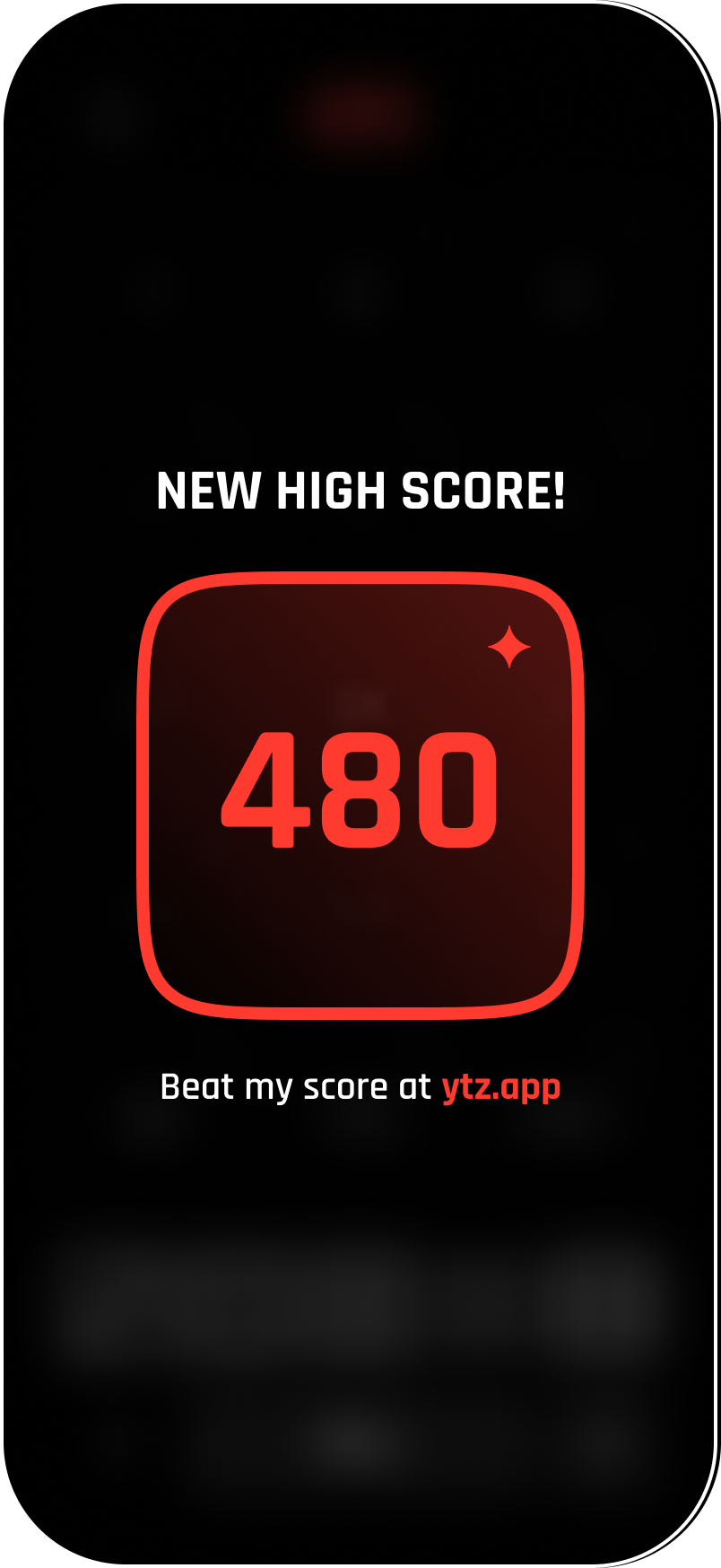 YTZ new high score screen: 480, with “Beat my score @ ytz.app”.