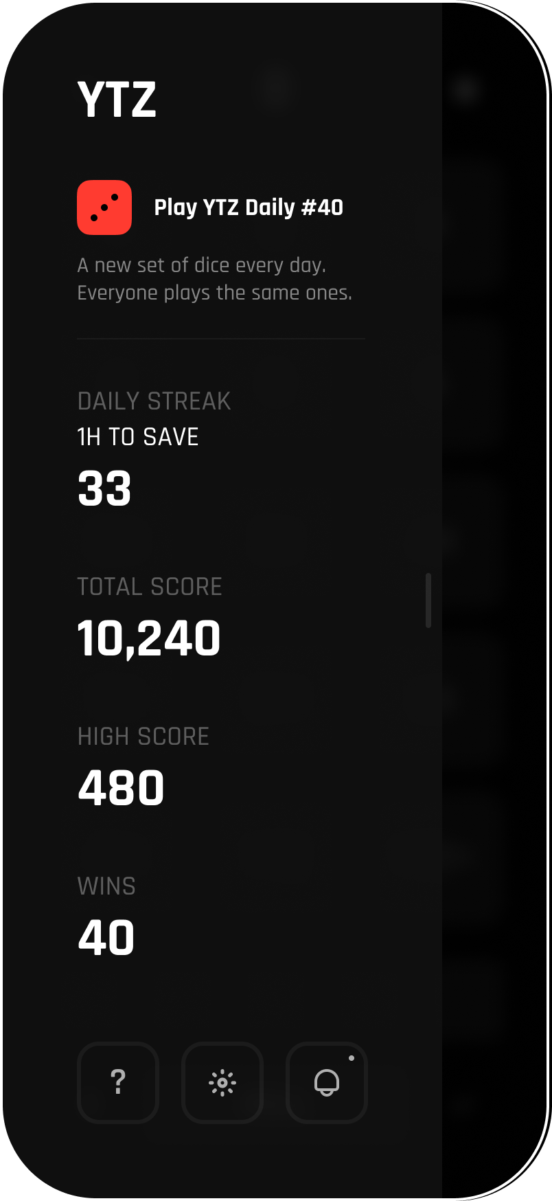 YTZ stats drawer: daily streak 33, total score 10,240, high score 480, and 40 wins.